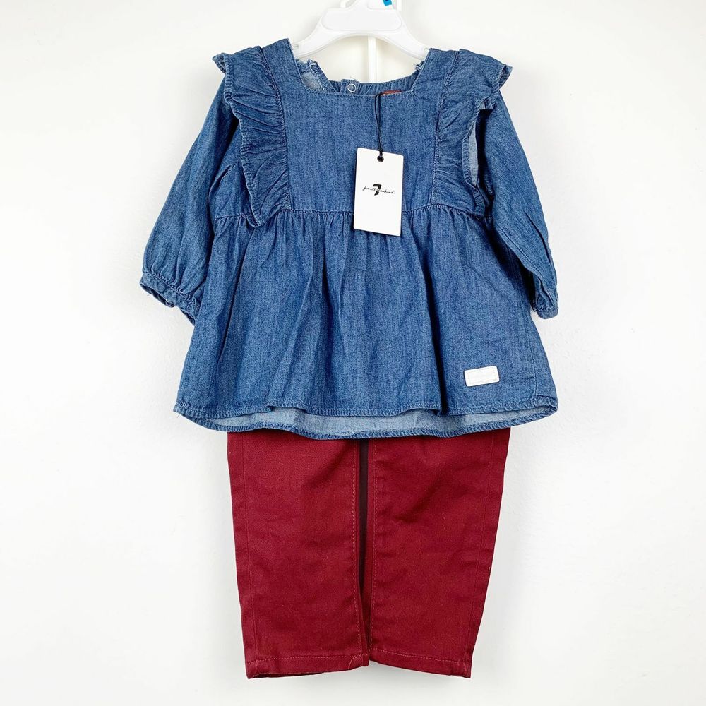 7 For All Mankind Baby Girls Ruffle-Trim Denim Top & Skinny Twill Pants Set 24M